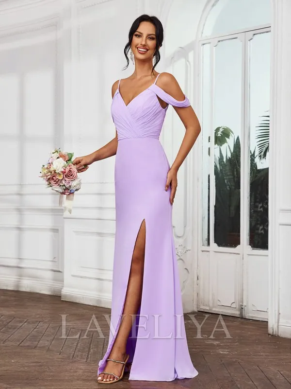 Sheath Cold Shoulder Pleated Floor-Length Chiffon Bridesmaid Dress  #ZB230517