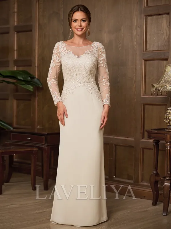 Sheath Scoop Long Sleeves Appliques Lace Floor-Length Chiffon Mother of the Bride Dress  #XM240046