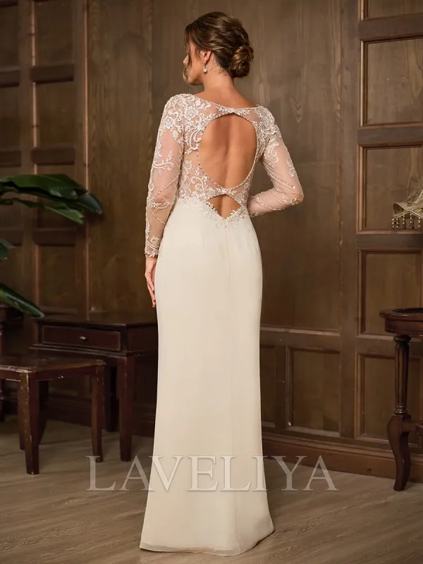 Sheath Scoop Long Sleeves Appliques Lace Floor-Length Chiffon Mother of the Bride Dress  #XM240046