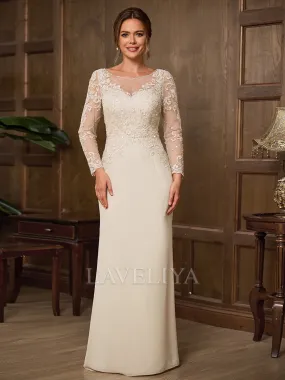 Sheath Scoop Long Sleeves Appliques Lace Floor-Length Chiffon Mother of the Bride Dress  #XM240046