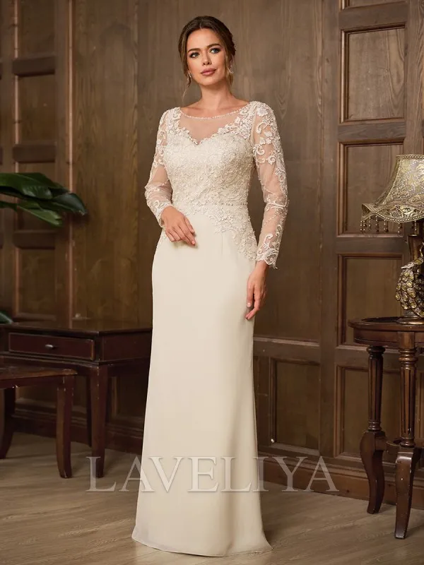 Sheath Scoop Long Sleeves Appliques Lace Floor-Length Chiffon Mother of the Bride Dress  #XM240046