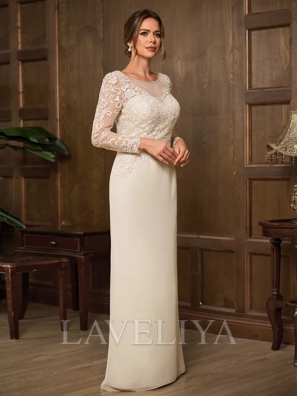 Sheath Scoop Long Sleeves Appliques Lace Floor-Length Chiffon Mother of the Bride Dress  #XM240046