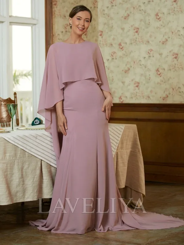 Sheath Scoop Long Sleeves Ruffles Sweep Train Chiffon Mother of the Bride Dress  #XM230181