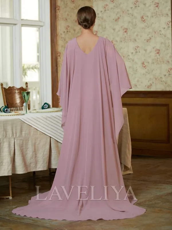 Sheath Scoop Long Sleeves Ruffles Sweep Train Chiffon Mother of the Bride Dress  #XM230181