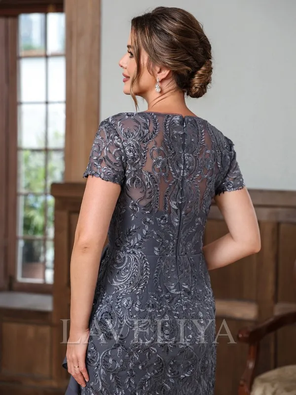 Sheath Scoop Short Sleeves Appliques Lace Knee-Length Chiffon Mother of the Bride Dress  #XM240010