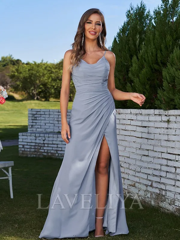 Sheath Spaghetti Straps Pleated Floor-Length Chiffon Bridesmaid Dress  #ZB230274