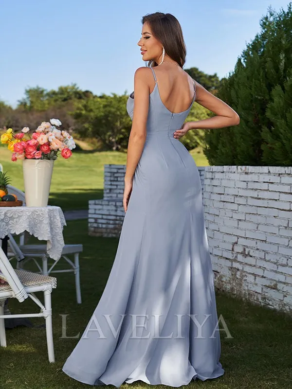 Sheath Spaghetti Straps Pleated Floor-Length Chiffon Bridesmaid Dress  #ZB230274