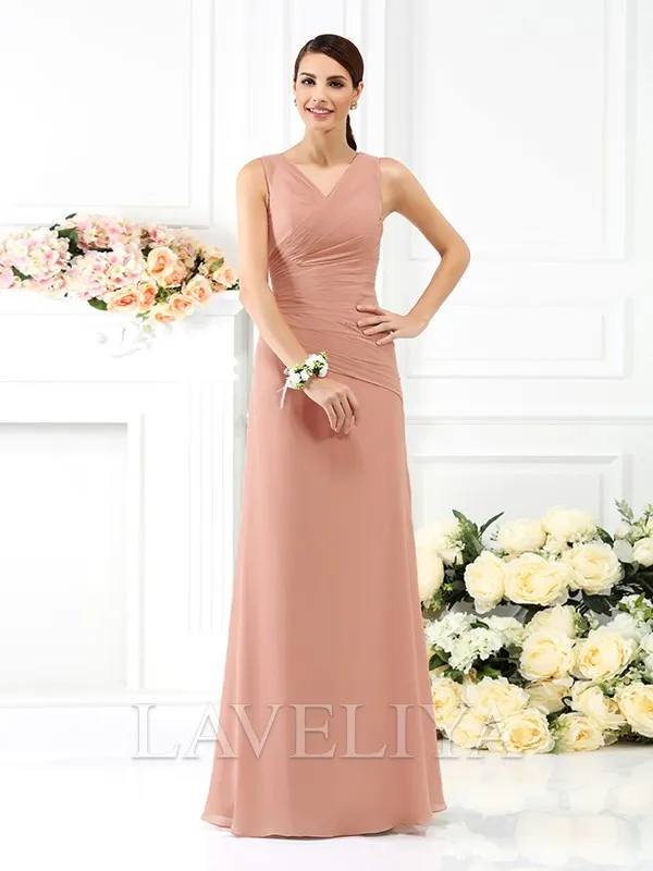 Sheath V-neck Pleated Floor-Length Chiffon Bridesmaid Dress  #ZB230035