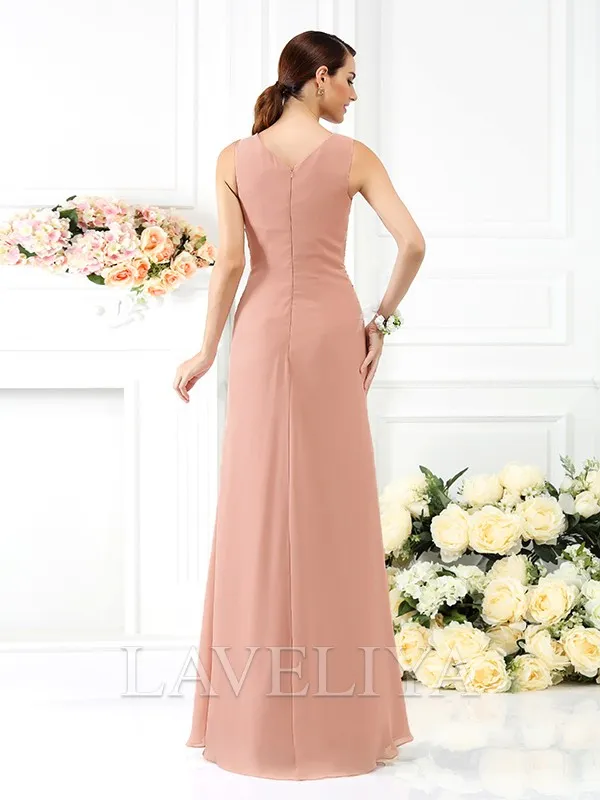 Sheath V-neck Pleated Floor-Length Chiffon Bridesmaid Dress  #ZB230035