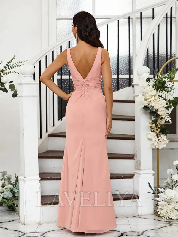 Sheath V-neck Pleated Floor-Length Chiffon Bridesmaid Dress  #ZB230495