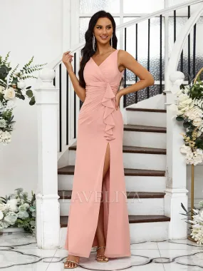 Sheath V-neck Pleated Floor-Length Chiffon Bridesmaid Dress  #ZB230495