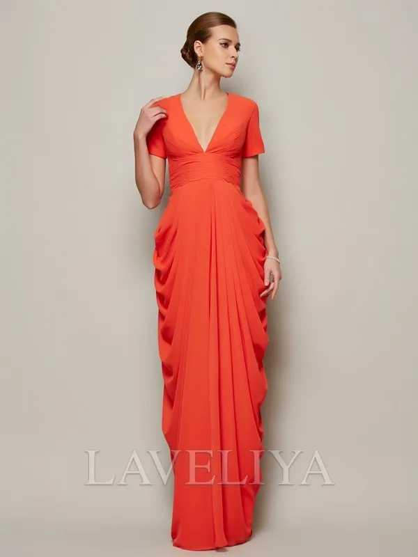 Sheath V-neck Short Sleeves Pleated Floor-Length Chiffon Dress  #YP230120