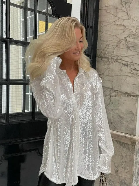 Shirt Dresses 2022 Spring Fashion Sequins Blouse Long Shirts Dresses