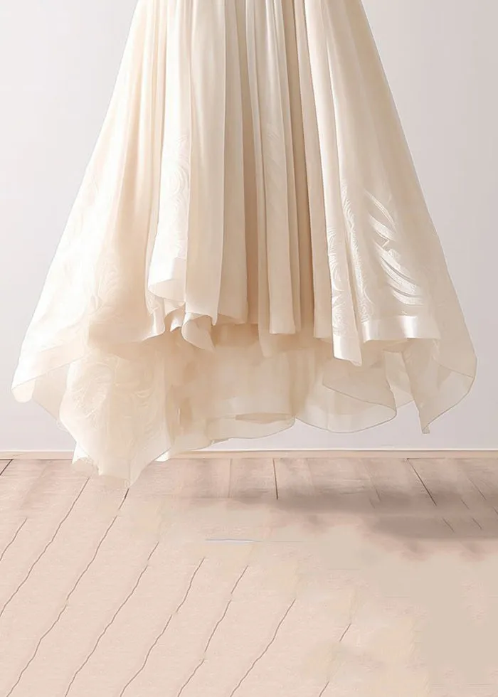 Simple Beige Asymmetrical Wrinkled Elastic Waist Chiffon Skirt Summer AB1013