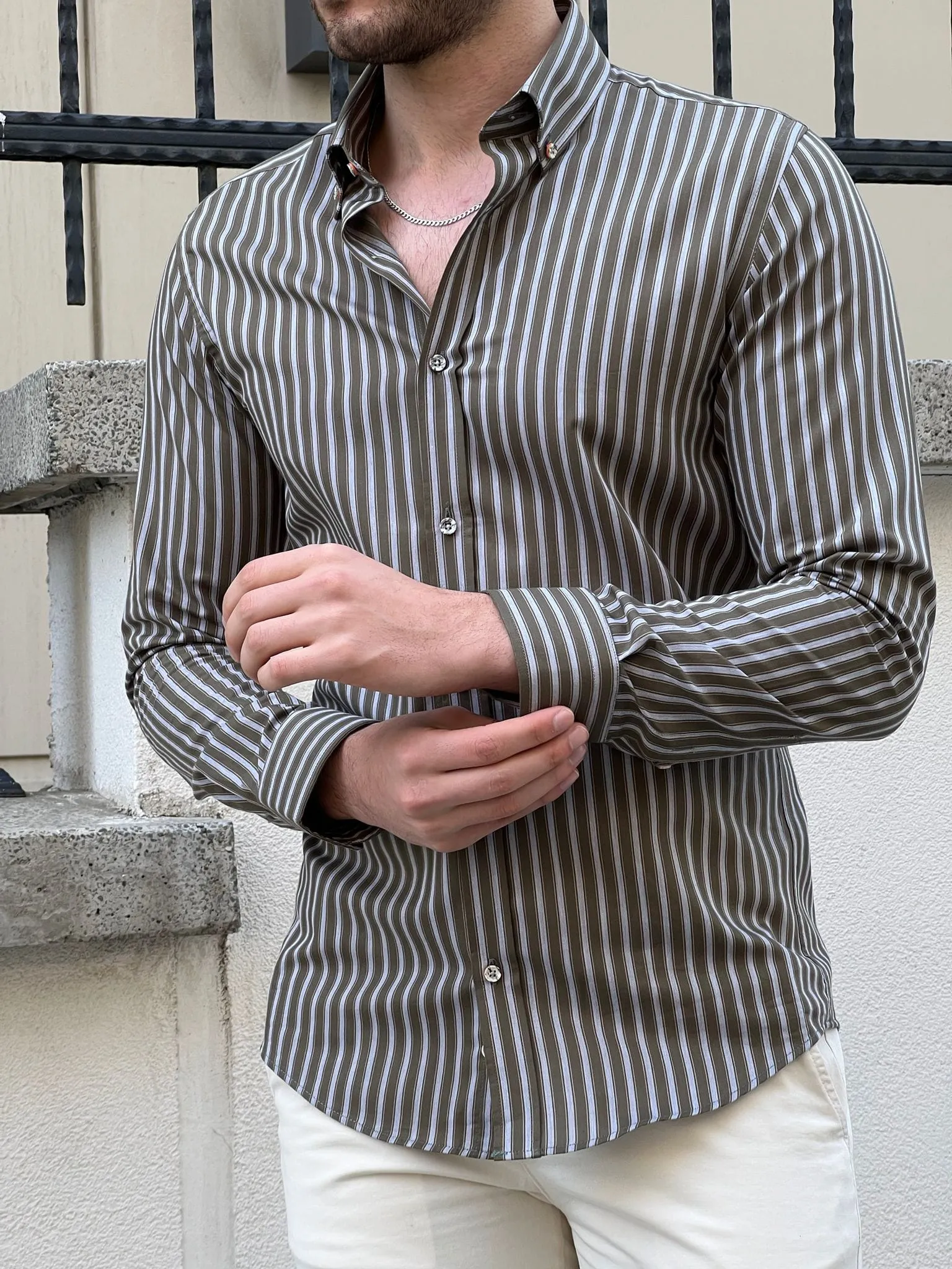 Slim Fit Striped Cotton Khaki Shirt