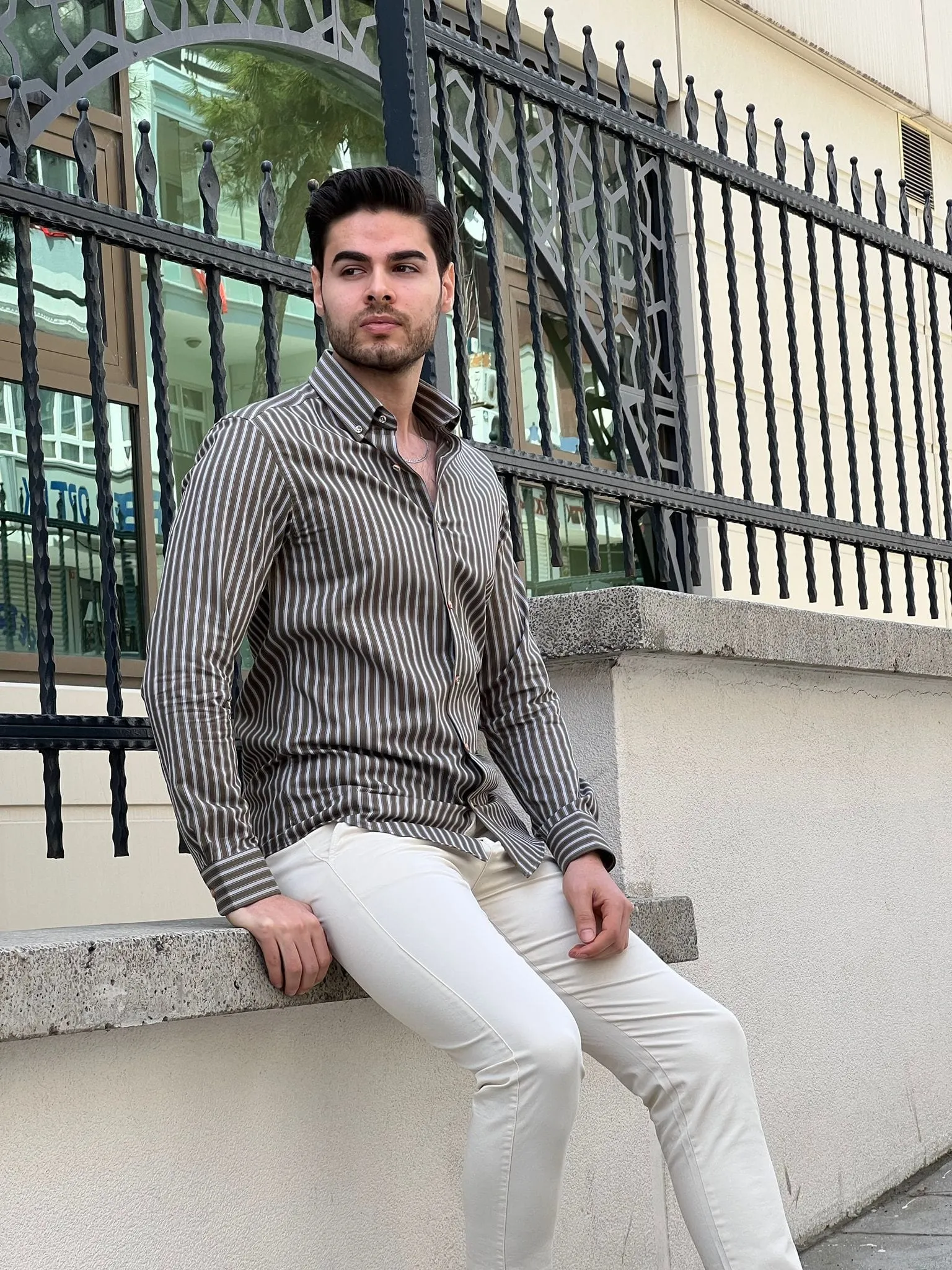 Slim Fit Striped Cotton Khaki Shirt