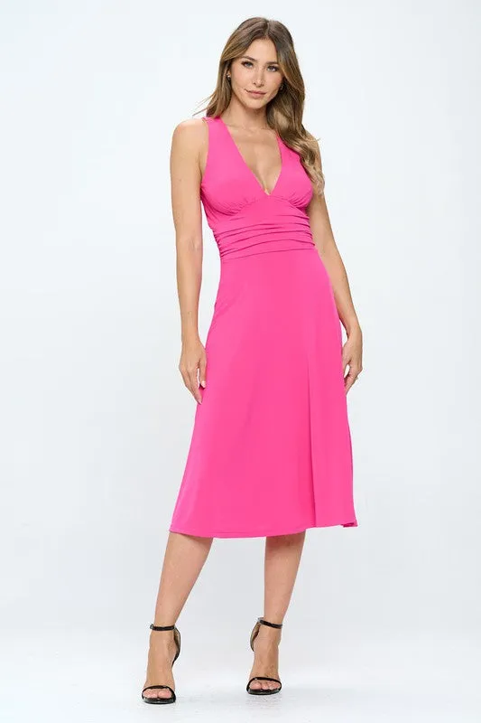 Solid Deep V Neck Lined Dress with Slit