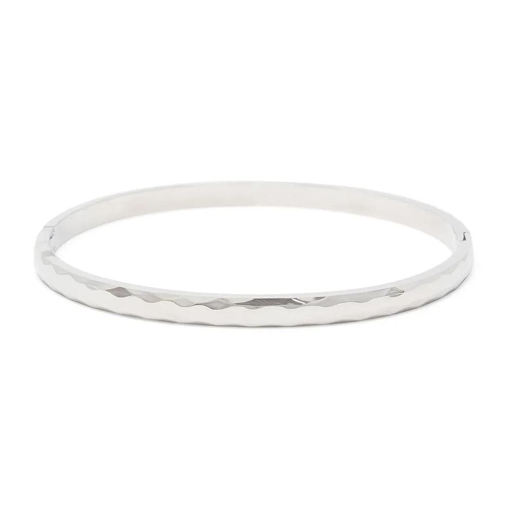 Stainless Steel Hinged Textured Bangle Rhodium Plated