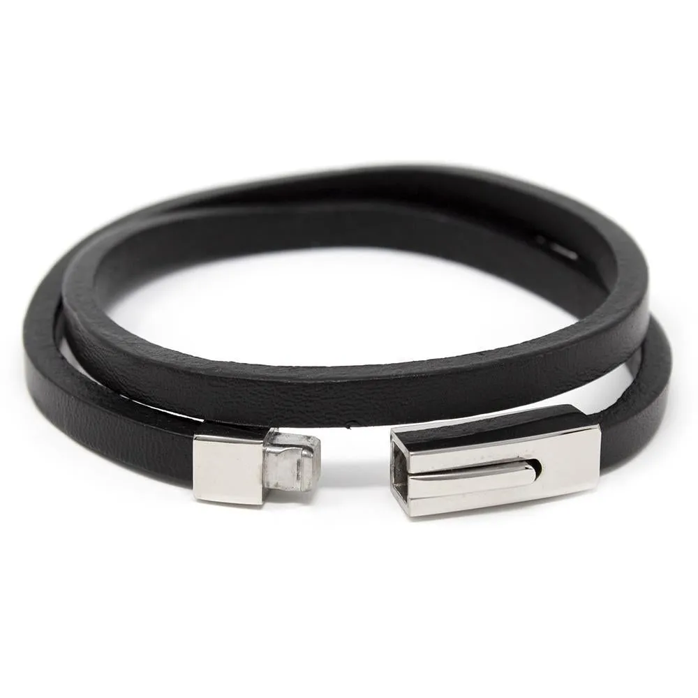 Stainless Steel Leather Wrap Bracelet Rectangle Push Lock