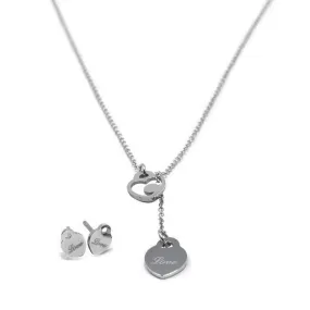 Stainless Steel Love Heart Lariat Necklace Earrings Set