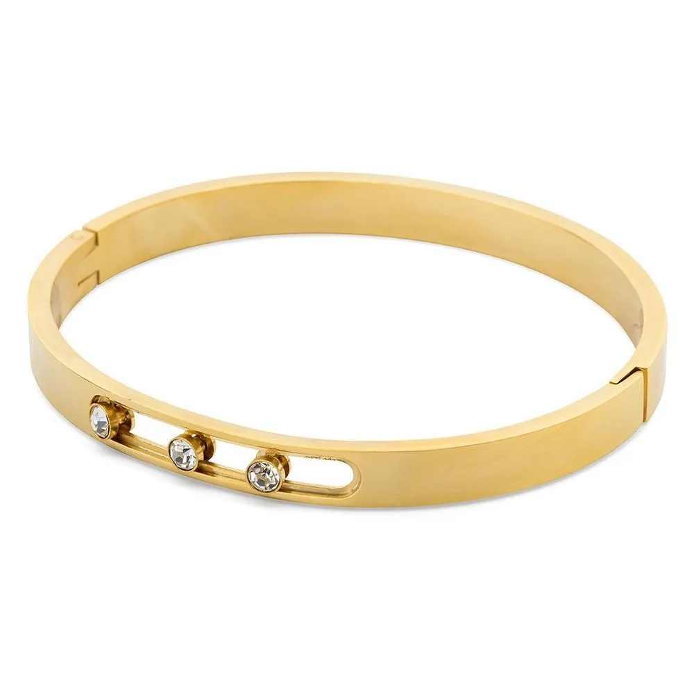 Stainless Steel Three Sliding Crystal Bangle Gold Plated