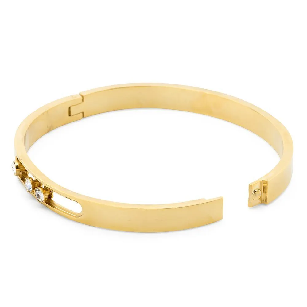 Stainless Steel Three Sliding Crystal Bangle Gold Plated