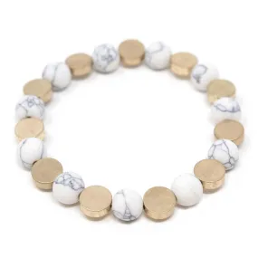 Stretch Bracelet Semi Precious Bead Gold Disc White