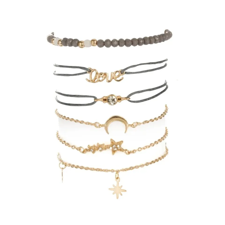 Tocona Boho Love Moon Bracelets for Women Charms Bead Gold Color Star Clear Crystal Stone Letter Rope Jewelry Accessorie