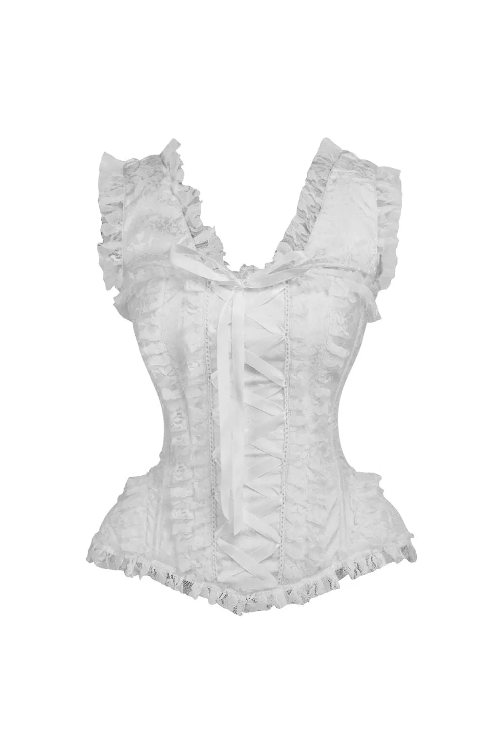 Top Drawer White Brocade & Lace Steel Boned Corset w/Cap Sleeves