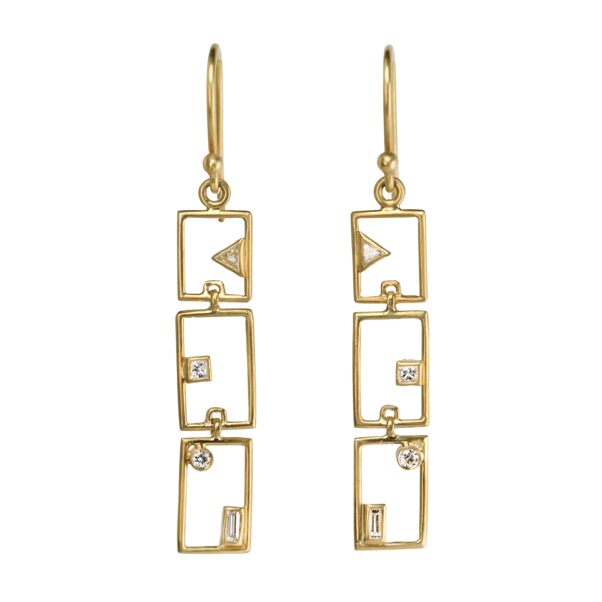 Triple Grid Layout Earrings with Bezel-Set Diamonds