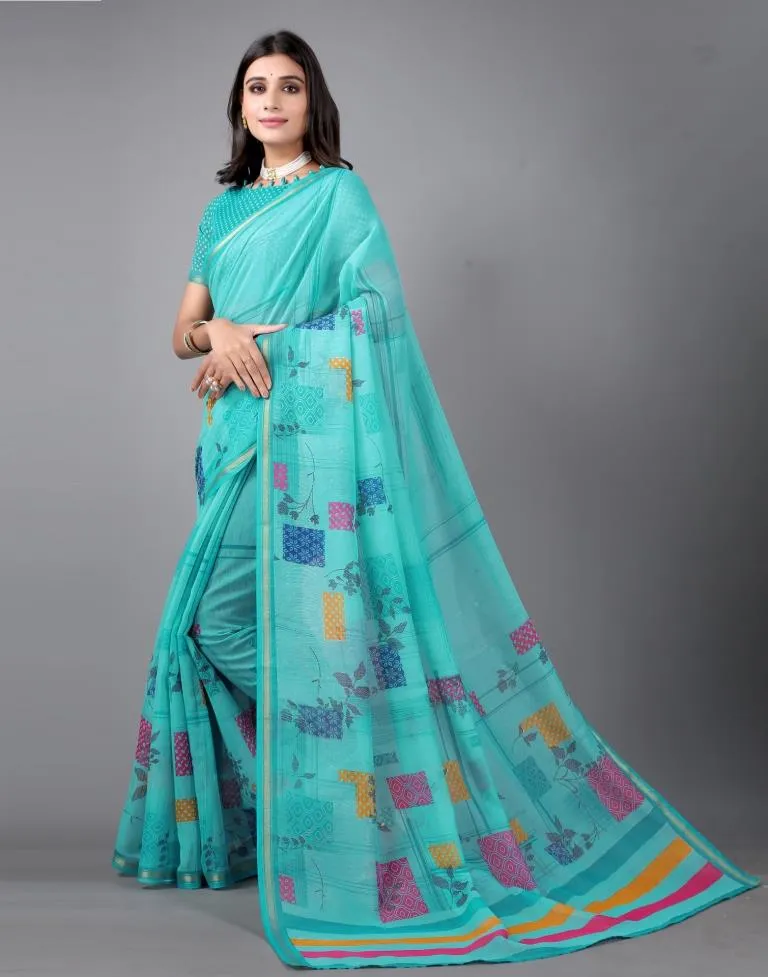 Turquoise Blue Cotton Saree