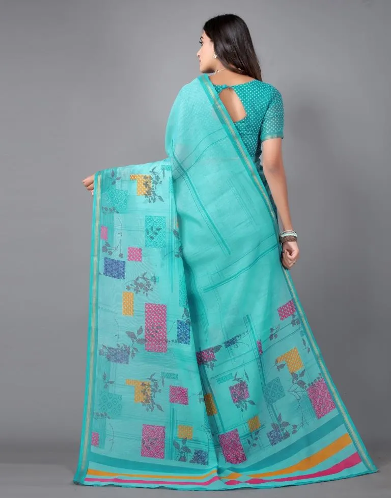 Turquoise Blue Cotton Saree