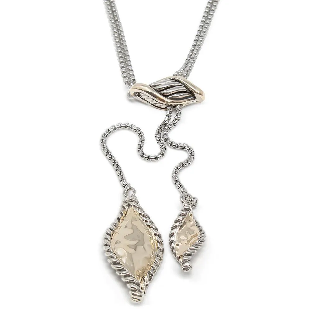 Two Tone Lariat Necklace with Hammered Leaves Pendant