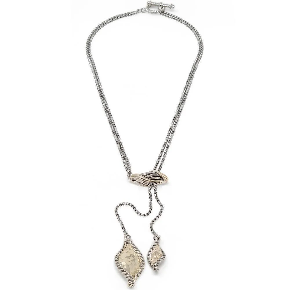 Two Tone Lariat Necklace with Hammered Leaves Pendant