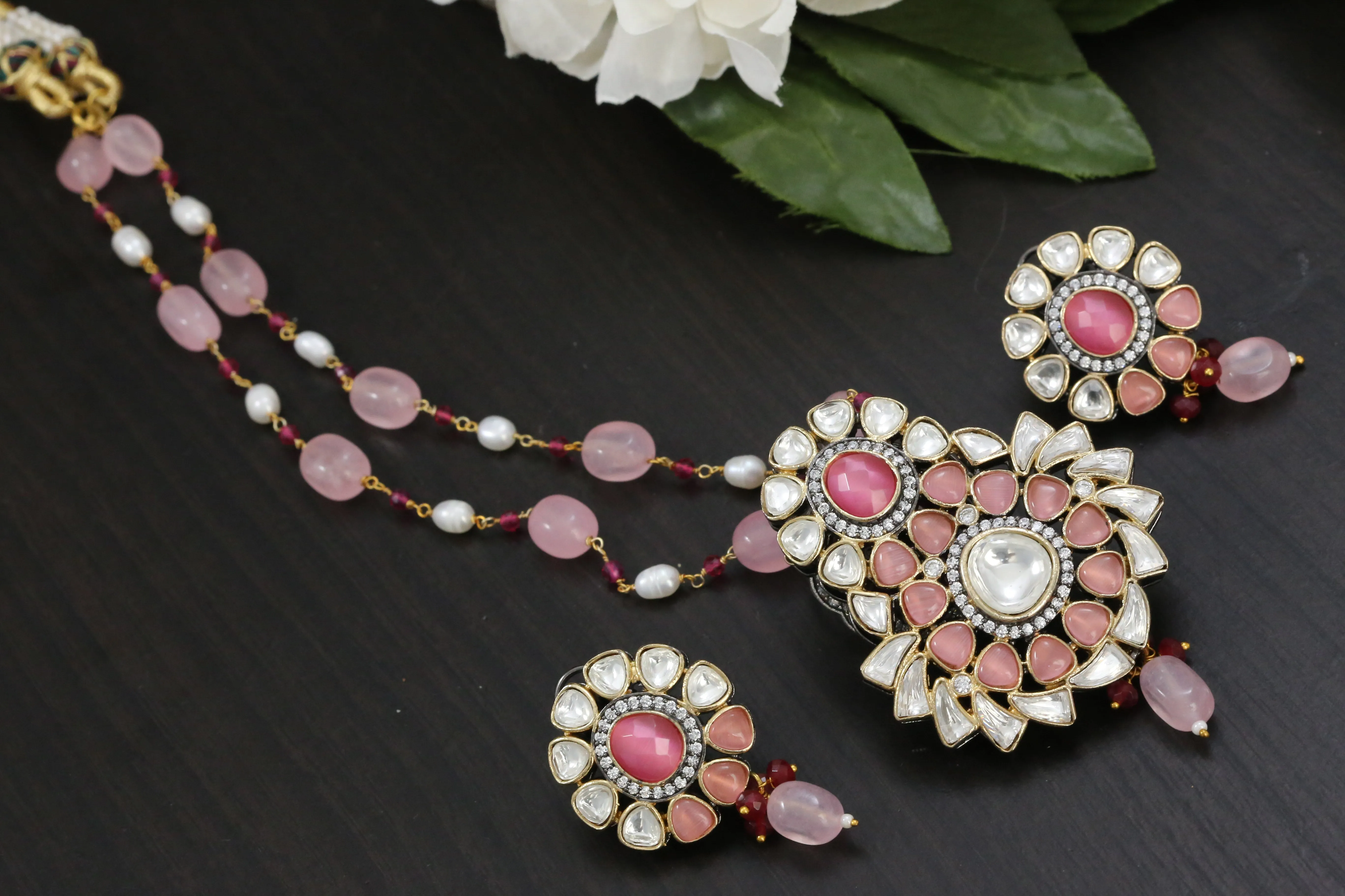 Uncut Kundan Necklace Set - Pink