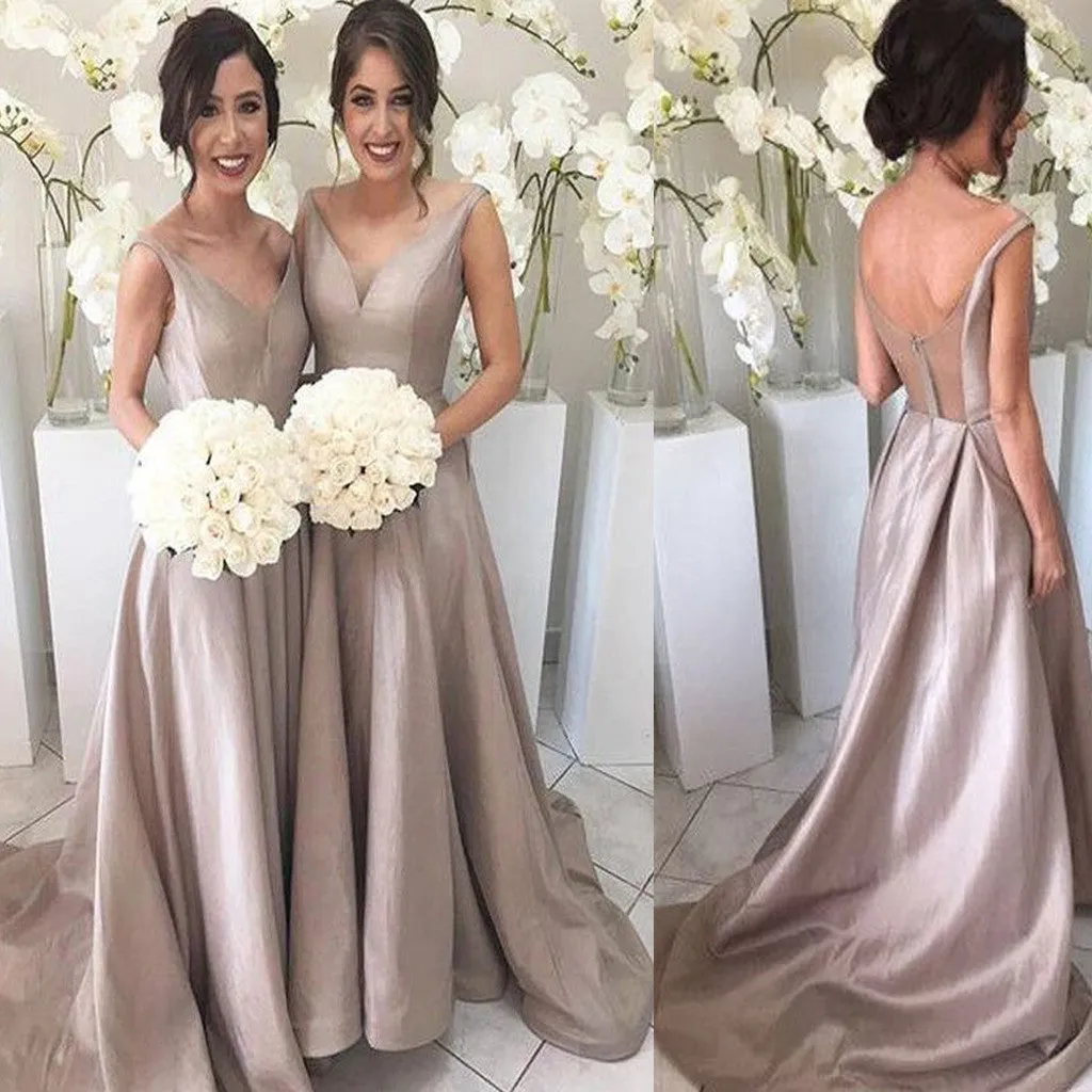 Vintage Simple A-line V-Neck Sleeveless Floor-Length Sweep Trailing Formal Bridesmaid Dresses, WG171