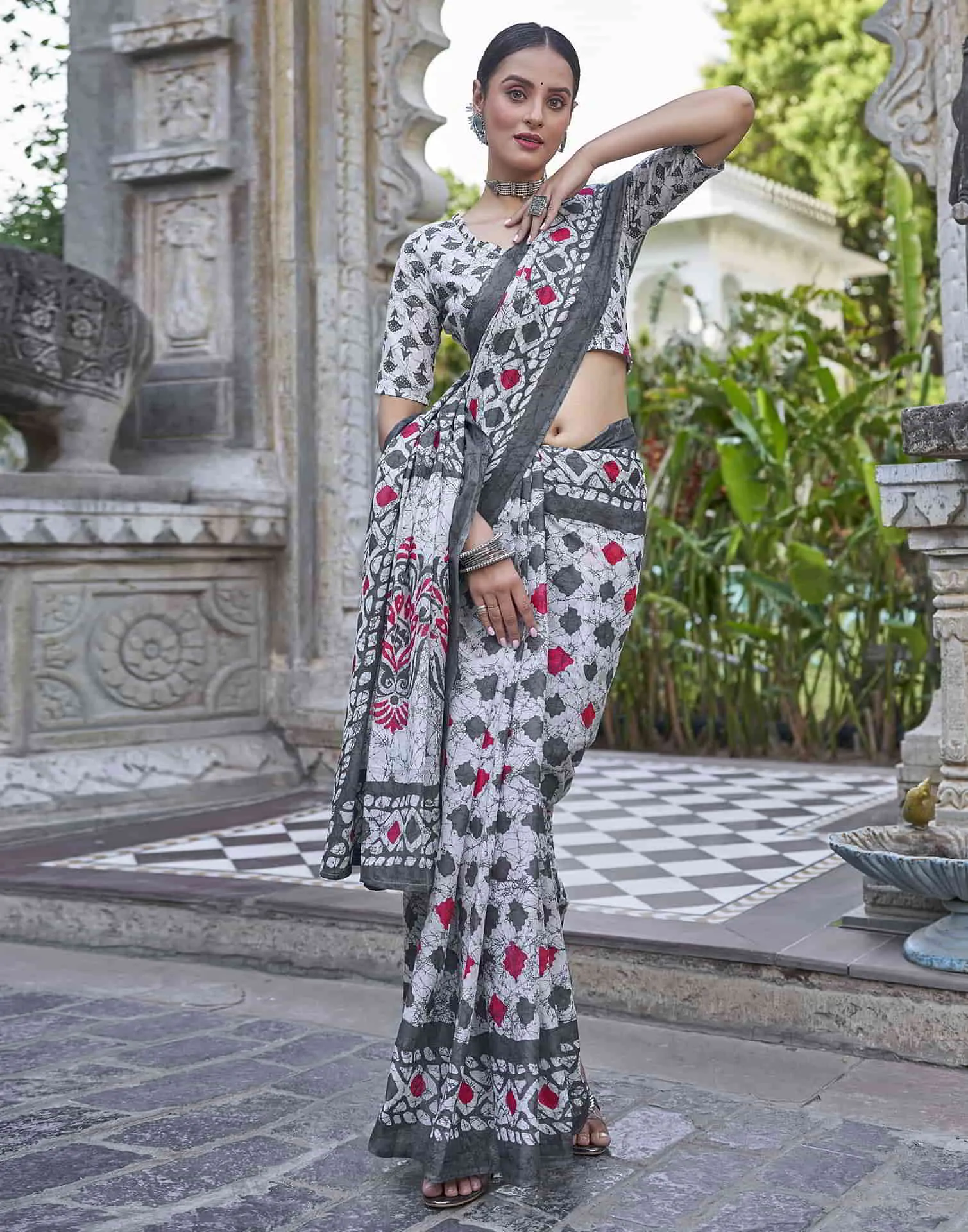 White Printed Cotton Saree