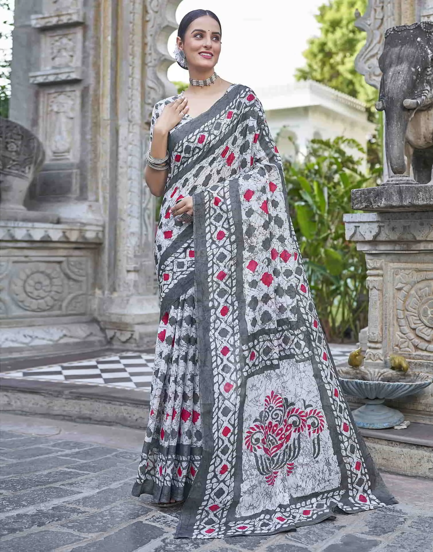 White Printed Cotton Saree