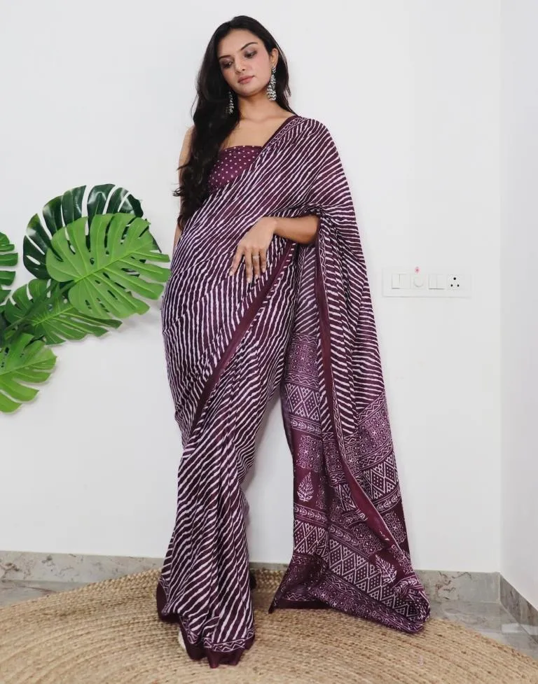 Wine Printed Cotton Saree