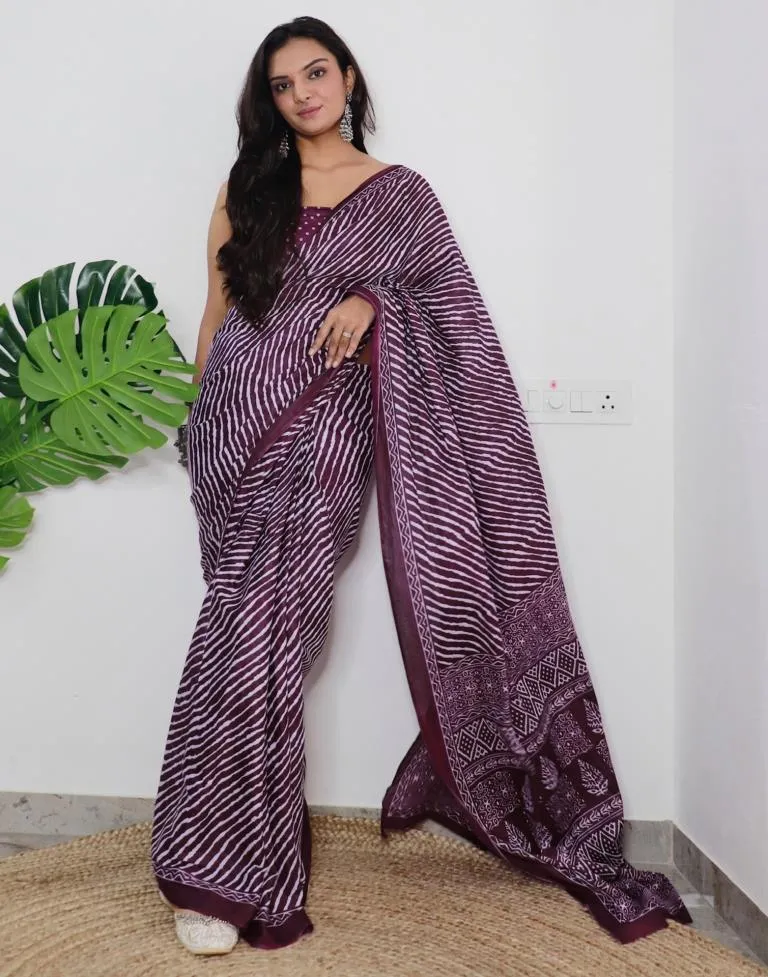 Wine Printed Cotton Saree