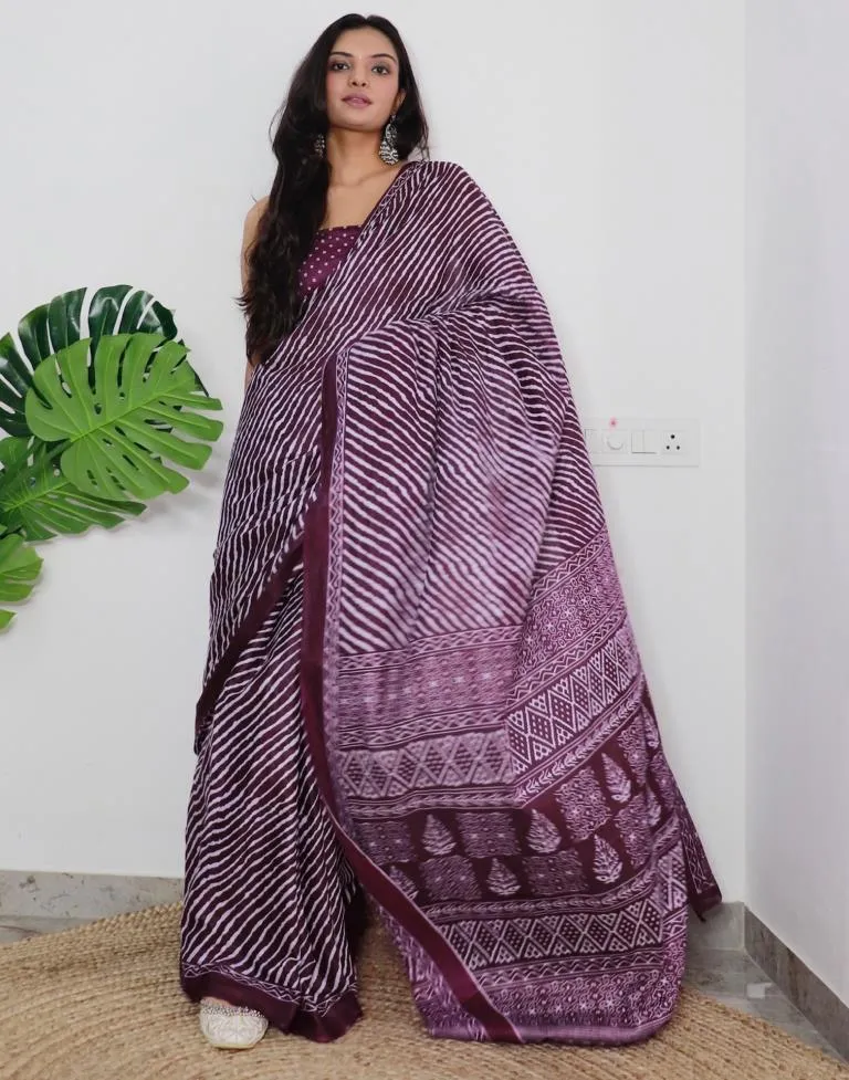 Wine Printed Cotton Saree