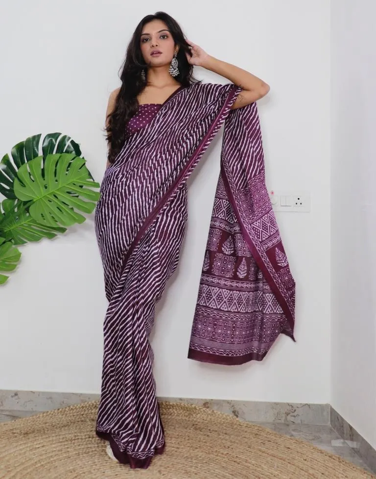 Wine Printed Cotton Saree