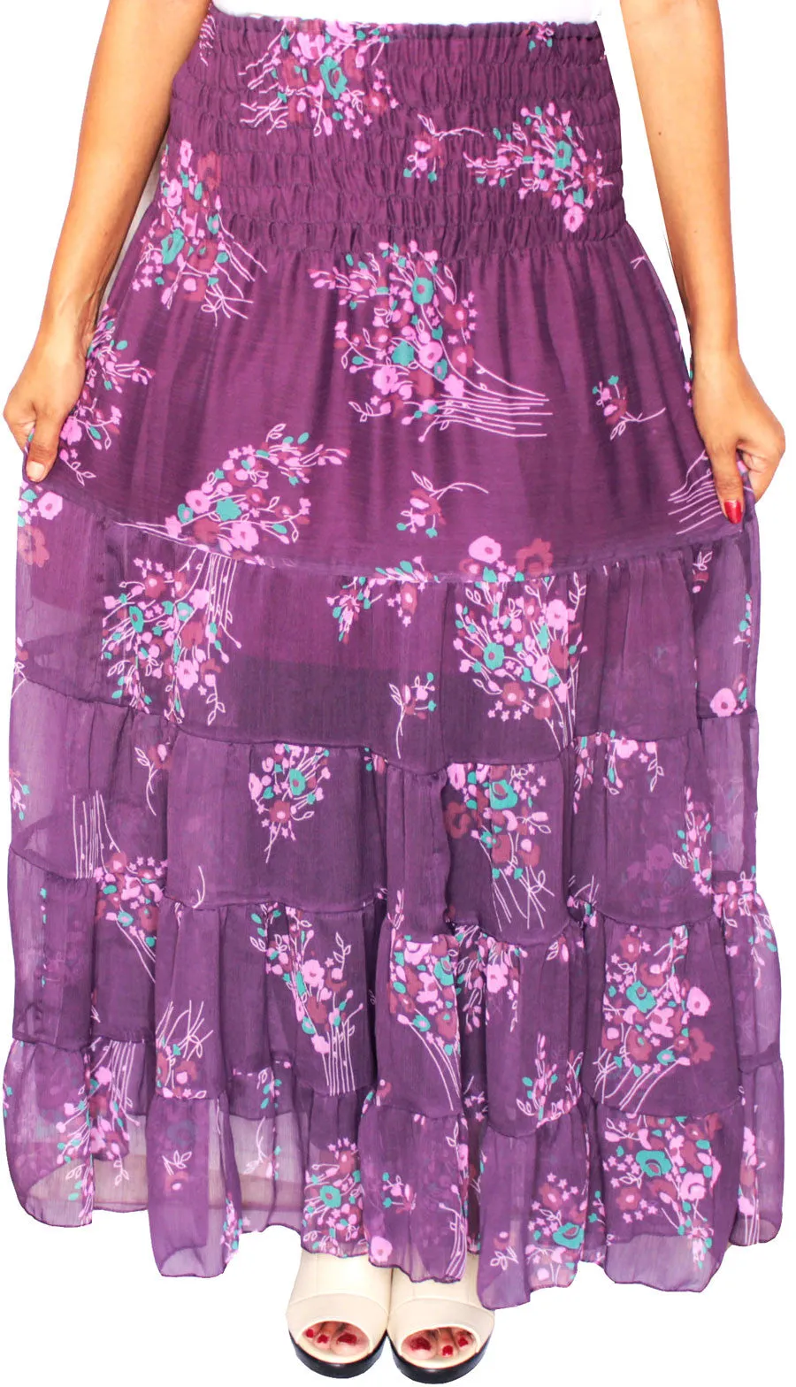 Womens Long Skirt Cover Up Beach Wear Printed Indian Clothing (Purple)