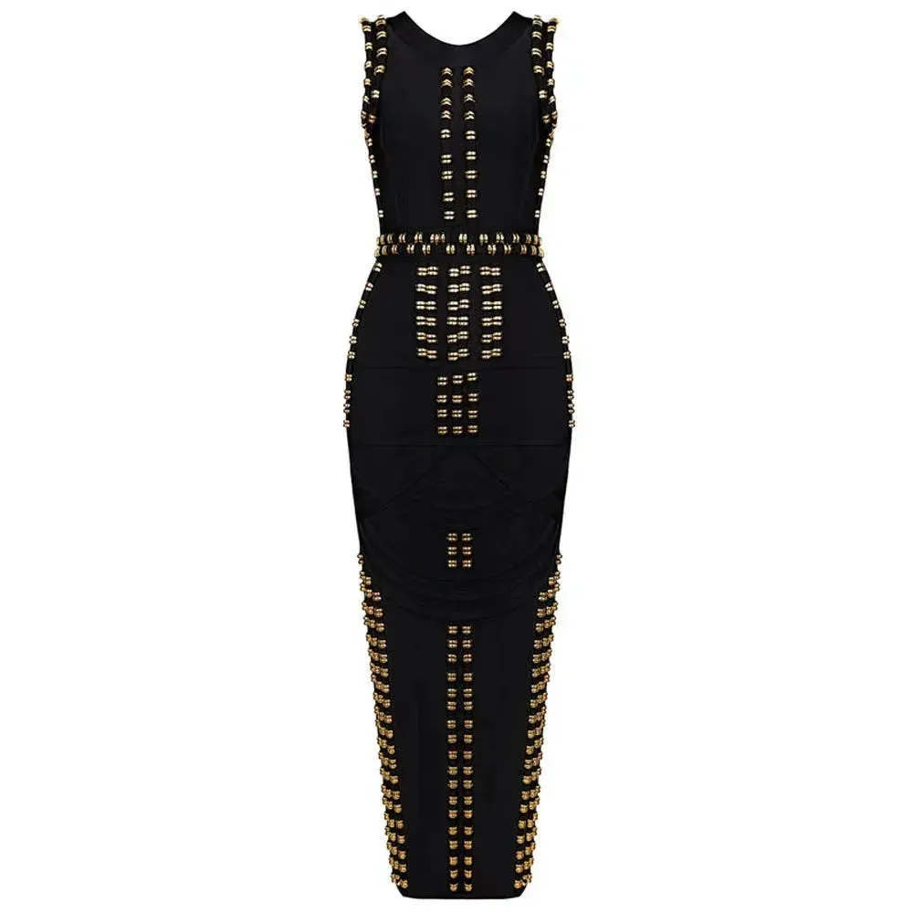 Women's Round Neck Sleeveless Metal Studded Slim Fit Split Bandage Dress