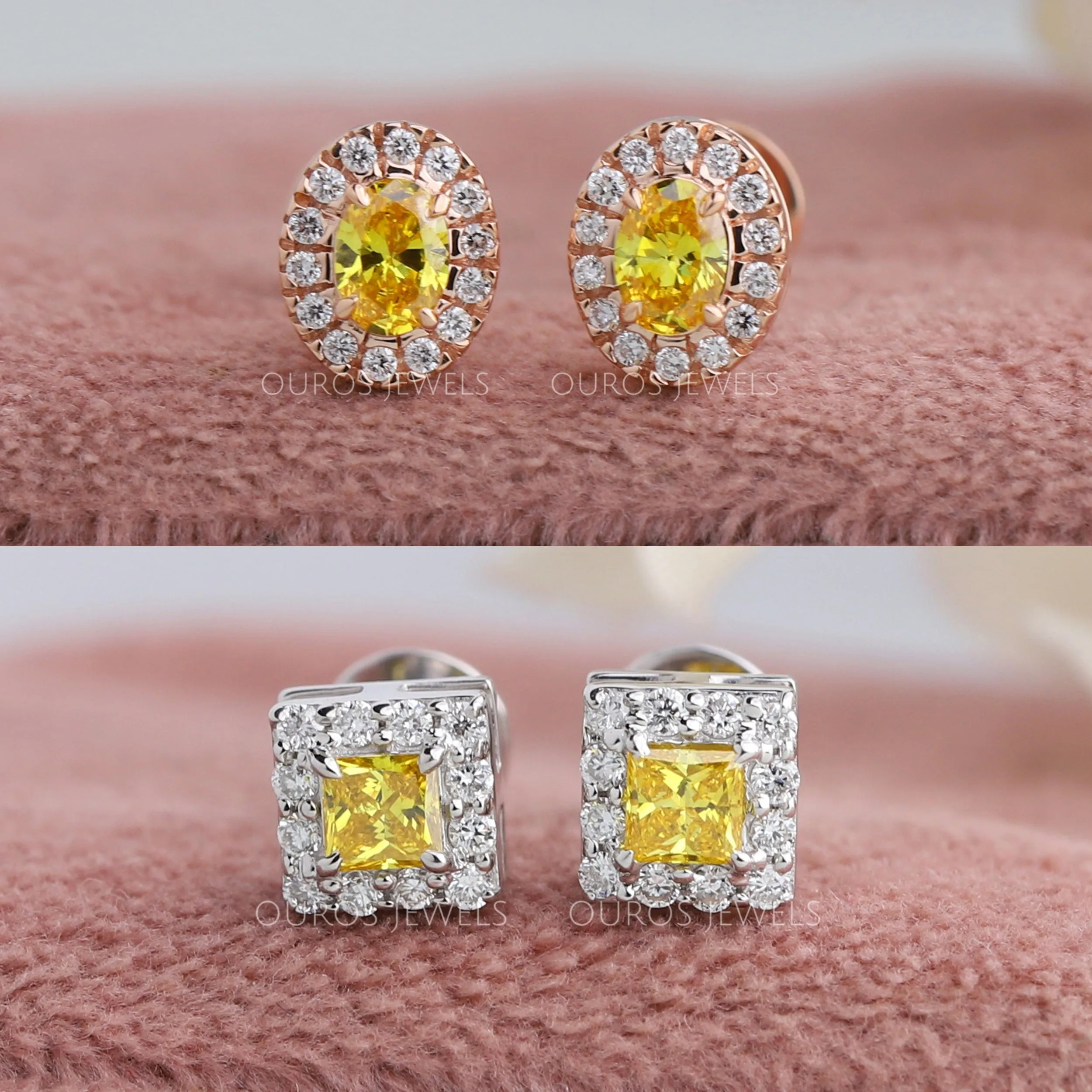 Yellow Princess & Oval Diamond Halo Stud Earrings